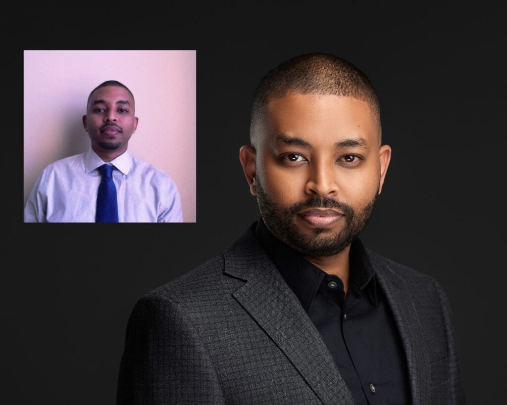 Professional headshot before and after transformation