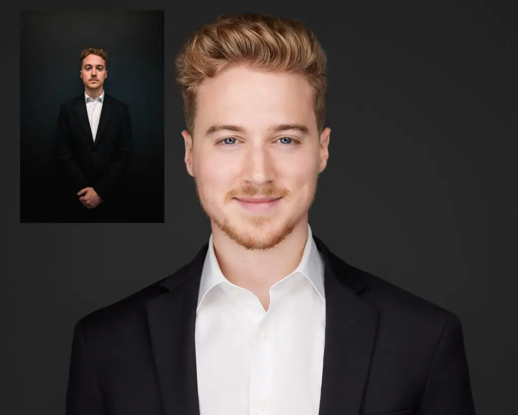 Professional headshot before and after transformation