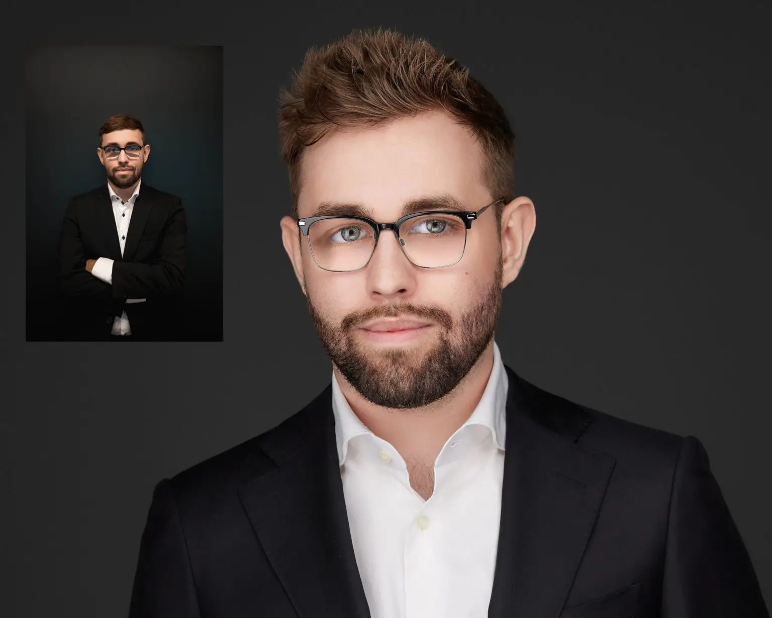 Professional headshot before and after transformation